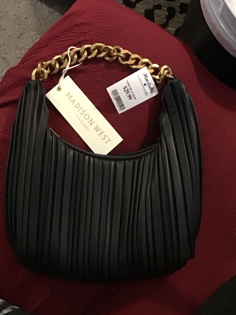 Madison West Black Pleated Shoulder Bag with Gold Chain Handle
